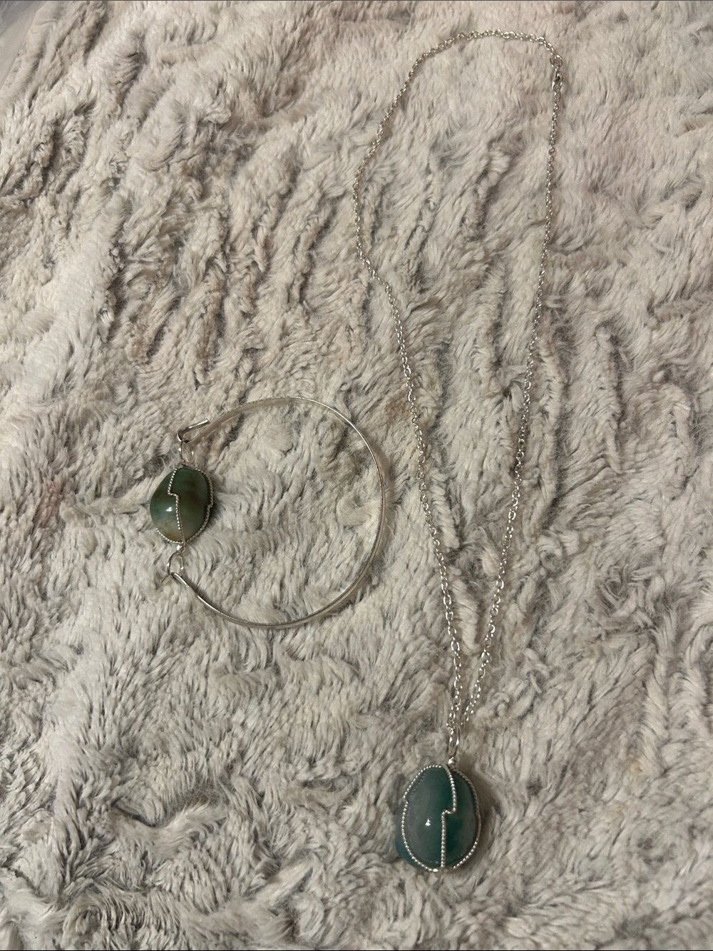 Silver Necklace and Bracelet Set with Green Stone Pendant